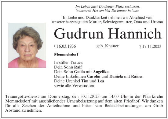 Anzeige von Gudrun Hannich von MGO