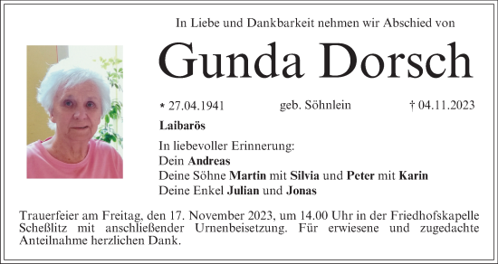 Anzeige von Gunda Dorsch von MGO