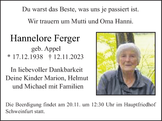 Anzeige von Hannelore Ferger von MGO
