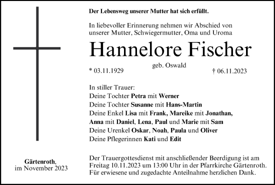 Anzeige von Hannelore Fischer von MGO