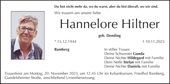Anzeige von Hannelore Hiltner von MGO