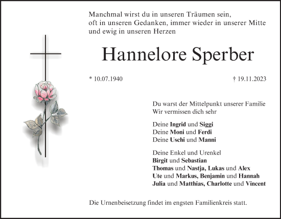 Anzeige von Hannelore Sperber von MGO