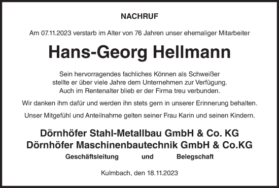 Anzeige von Hans-Georg Hellmann von MGO