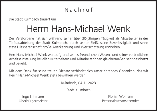 Anzeige von Hans-Michael Wenk von MGO