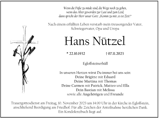 Anzeige von Hans Nützel von MGO