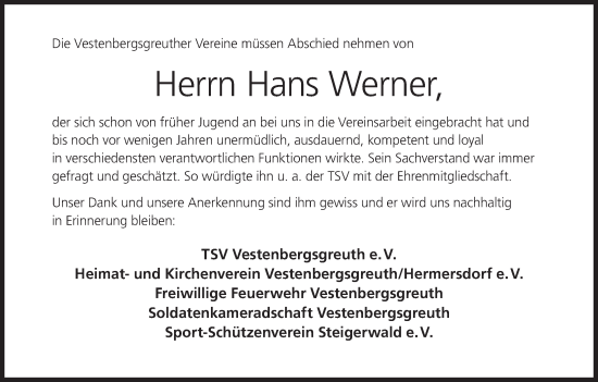 Anzeige von Hans Werner von MGO