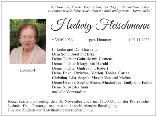 Anzeige von Hedwig Fleischmann von MGO