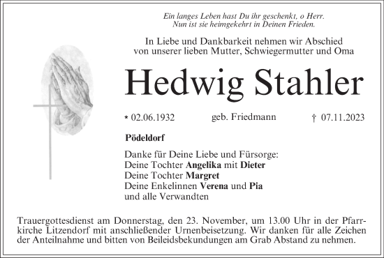 Anzeige von Hedwig Stahler von MGO