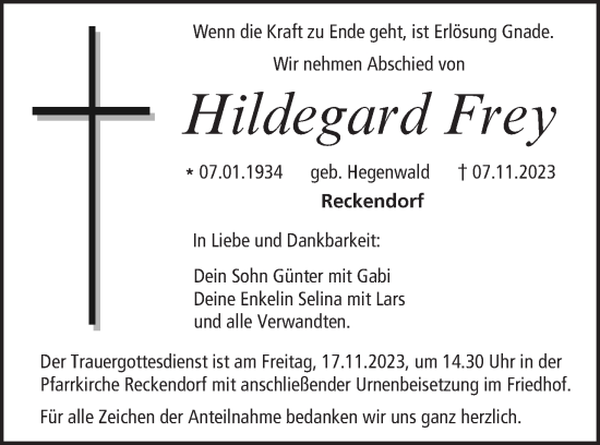 Anzeige von Hildegard Frey von MGO