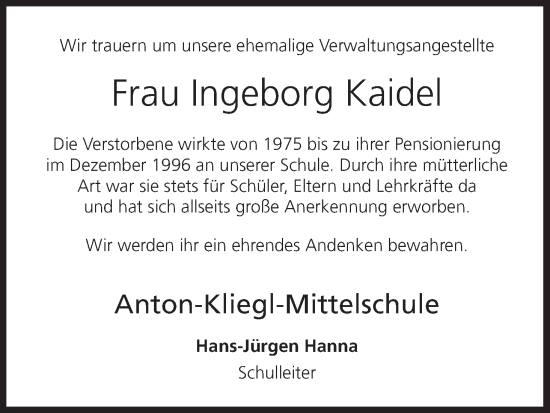 Anzeige von Ingeborg Kaidel von MGO