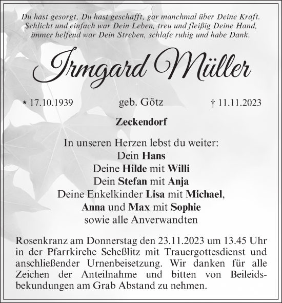Anzeige von Irmgard Müller von MGO