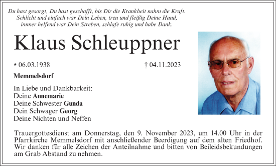Anzeige von Klaus Schleuppner von MGO