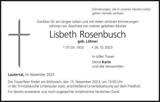 Anzeige von Lisbeth Rosenbusch von MGO