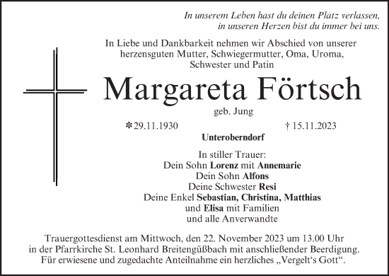 Anzeige von Margareta Förtsch von MGO