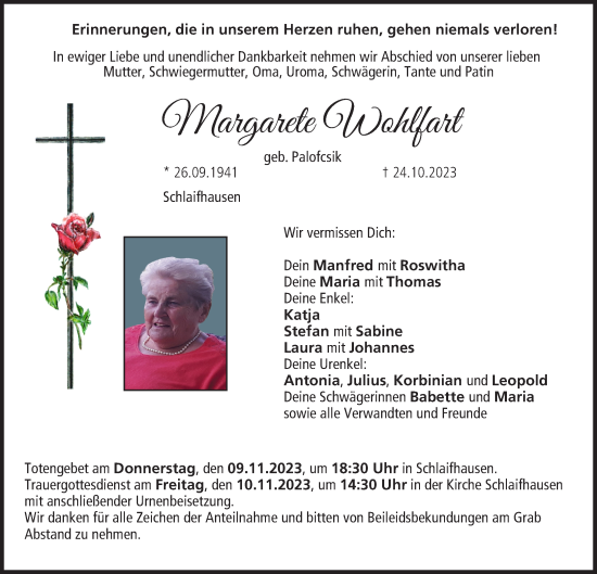 Anzeige von Margarete Wohlfart von MGO