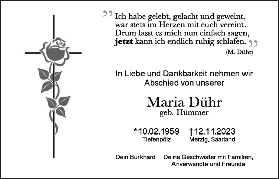 Anzeige von Maria Dühr von MGO