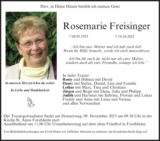Anzeige von Rosemarie Freisinger von MGO
