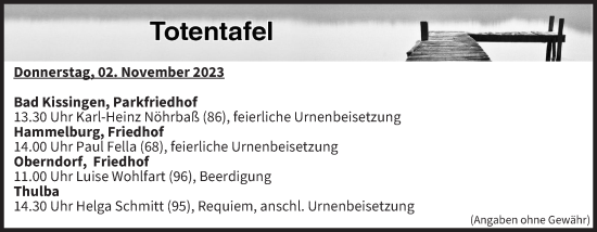 Anzeige von Totentafel vom 02.11.2023 von MGO