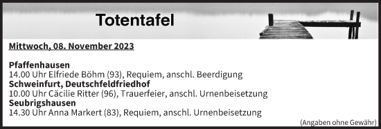 Anzeige von Totentafel vom 08.11.2023 von MGO