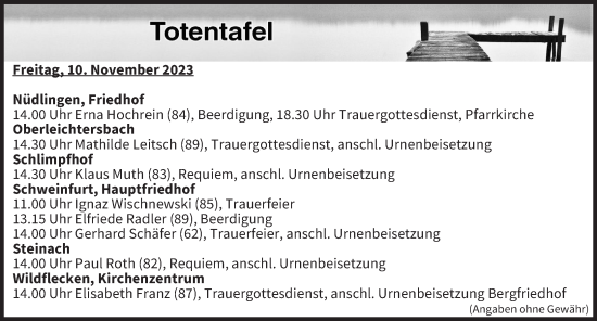 Anzeige von Totentafel vom 10.11.2023 von MGO