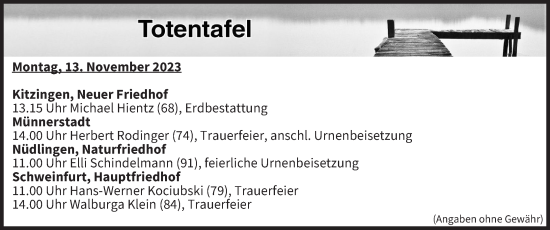 Anzeige von Totentafel vom 13.11.2023 von MGO