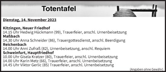 Anzeige von Totentafel vom 14.11.2023 von MGO
