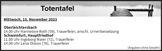Anzeige von Totentafel vom 15.11.2023 von MGO