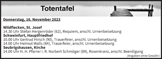 Anzeige von Totentafel vom 16.11.2023 von MGO