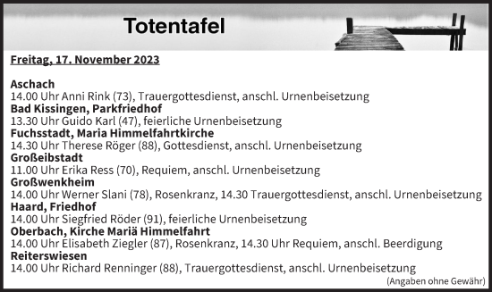 Anzeige von Totentafel vom 17.11.2023 von MGO