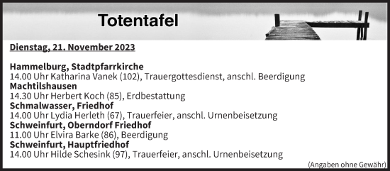 Anzeige von Totentafel vom 21.11.2023 von MGO