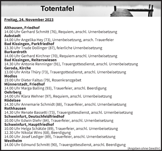Anzeige von Totentafel vom 24.11.2023 von MGO