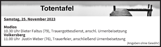 Anzeige von Totentafel vom 25.11.2023 von MGO