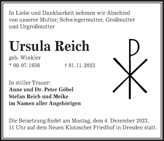Anzeige von Ursula Reich von MGO