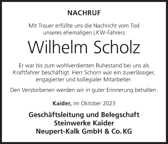 Anzeige von Wilhelm Scholz von MGO