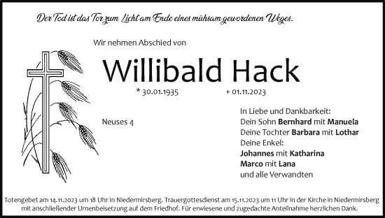 Anzeige von Willibald Hack von MGO