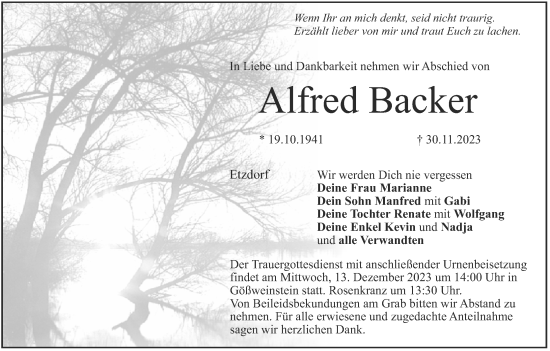 Anzeige von Alfred Backer von MGO