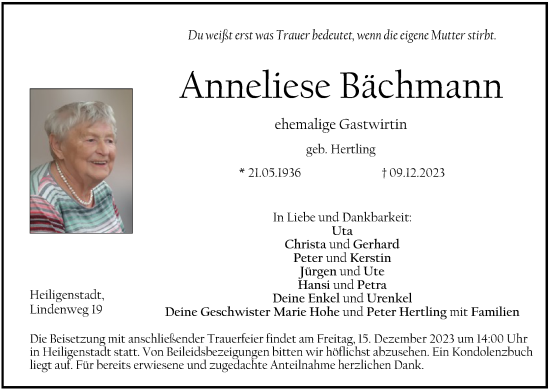 Anzeige von Anneliese Bächmann von MGO