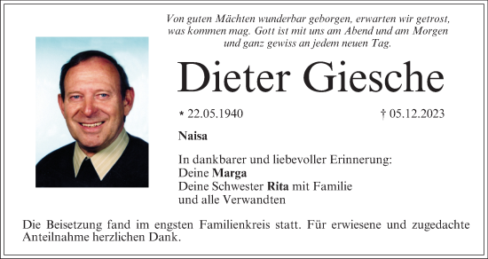 Anzeige von Dieter Giesche von MGO