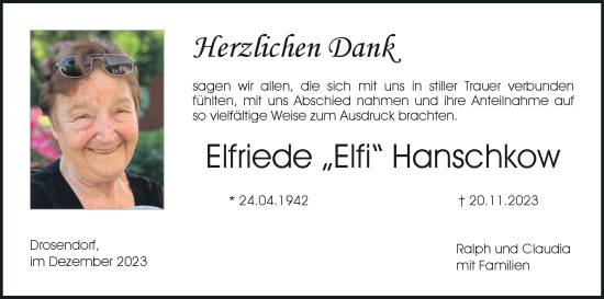 Anzeige von Elfriede  Hanschkow von MGO