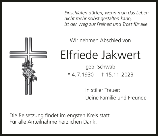 Anzeige von Elfriede Jakwert von MGO