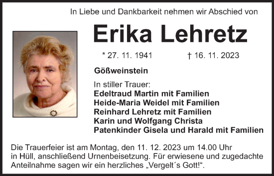 Anzeige von Erika Lehretz von MGO