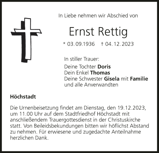 Anzeige von Ernst Rettig von MGO