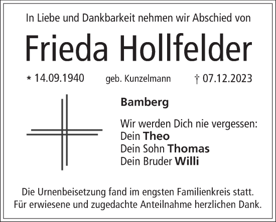 Anzeige von Frieda Hollfelder von MGO