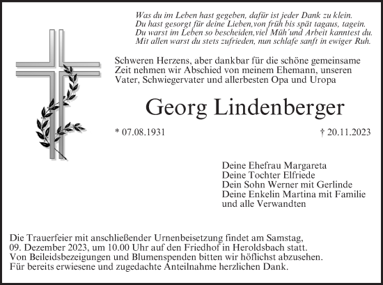 Anzeige von Georg Lindenberger von MGO