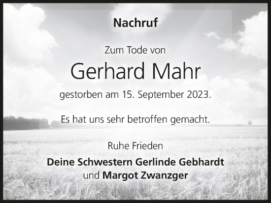 Anzeige von Gerhard Mahr von MGO