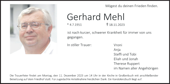 Anzeige von Gerhard Mehl von MGO