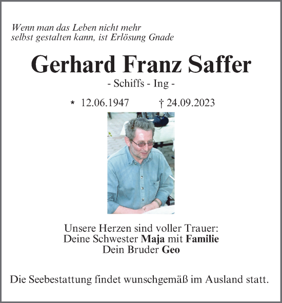 Anzeige von Gerhard Franz Saffer von MGO