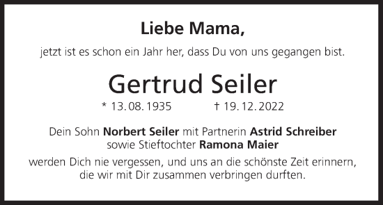 Anzeige von Gertrud Seiler von MGO