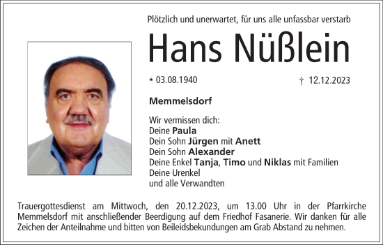 Anzeige von Hans Nüßlein von MGO