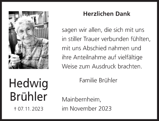 Anzeige von Hedwig Brühler von MGO